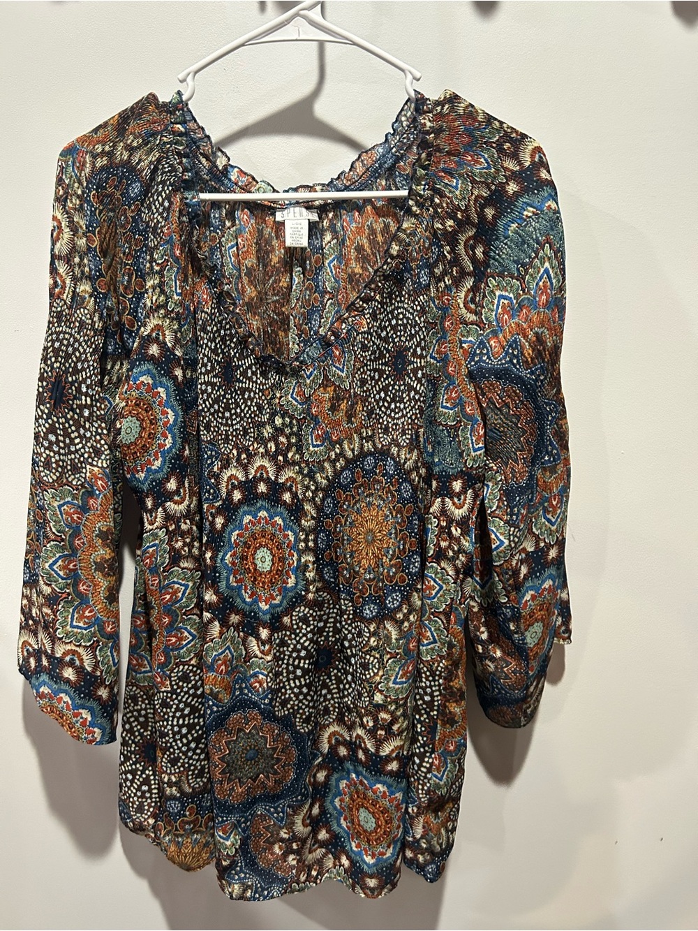 Spense Long Sleeve V-Neck Blouse in Teal, Rust & Brown